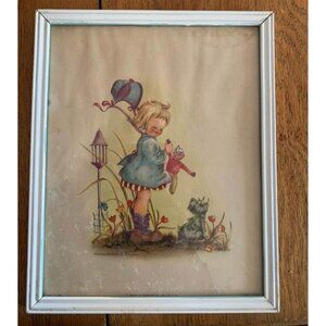 Vintage Framed Maud Humphrey Illustration 8.75” X 10.75” Adorable Girl & Dog Sce